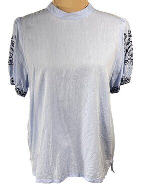 Loft Summer Top Shirt Blue Embroidery Size M Medium Short Sleeve Button Back